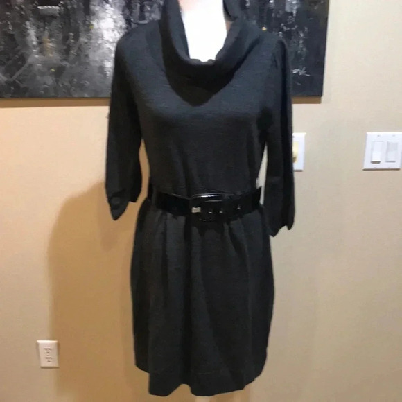 Black/Gray Cowl Neck Midi Sweater Dress 3/4 Sleeves with added Belt-Size L - Picture 1 of 9